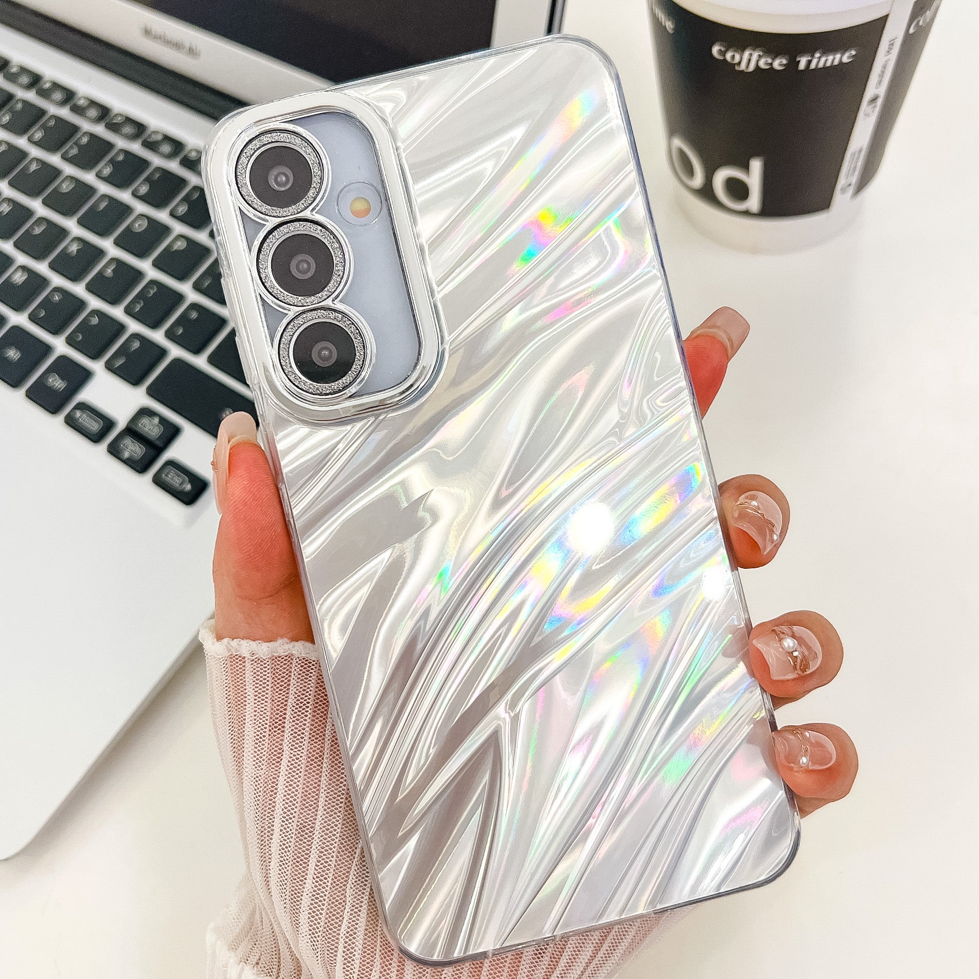 For Samsung Galaxy A16 4G / 5G Case IMD Design Shockproof PC+TPU Phone Cover with Glass Lens Film - Ripple Pattern / Silver For Samsung Galaxy A16 4G / 5G Case IMD Design Shockproof PC+TPU Phone Cover with Glass Lens Film - Ripple Pattern / Silver
